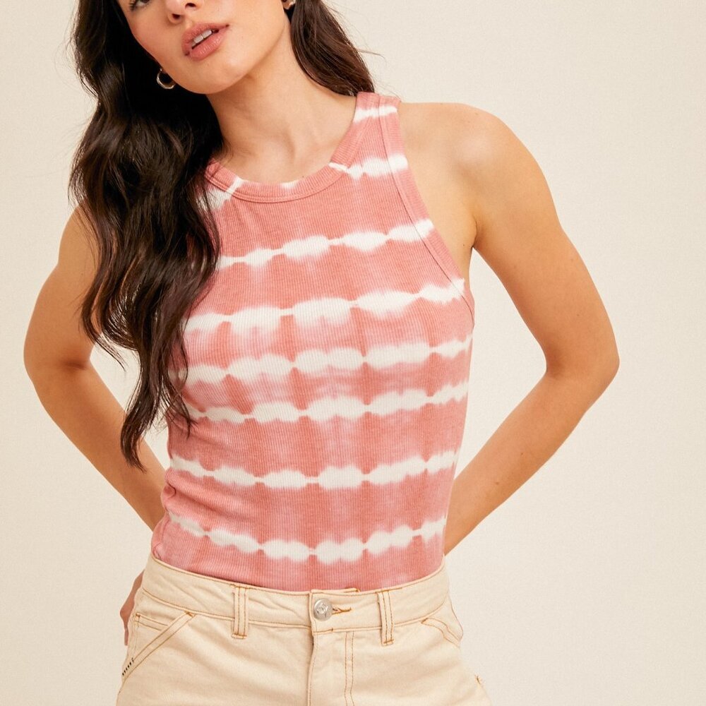 HEM & THREAD Pink & White Tie-Dye Ribbed Tank Top, Sleeveless Fitted Summer